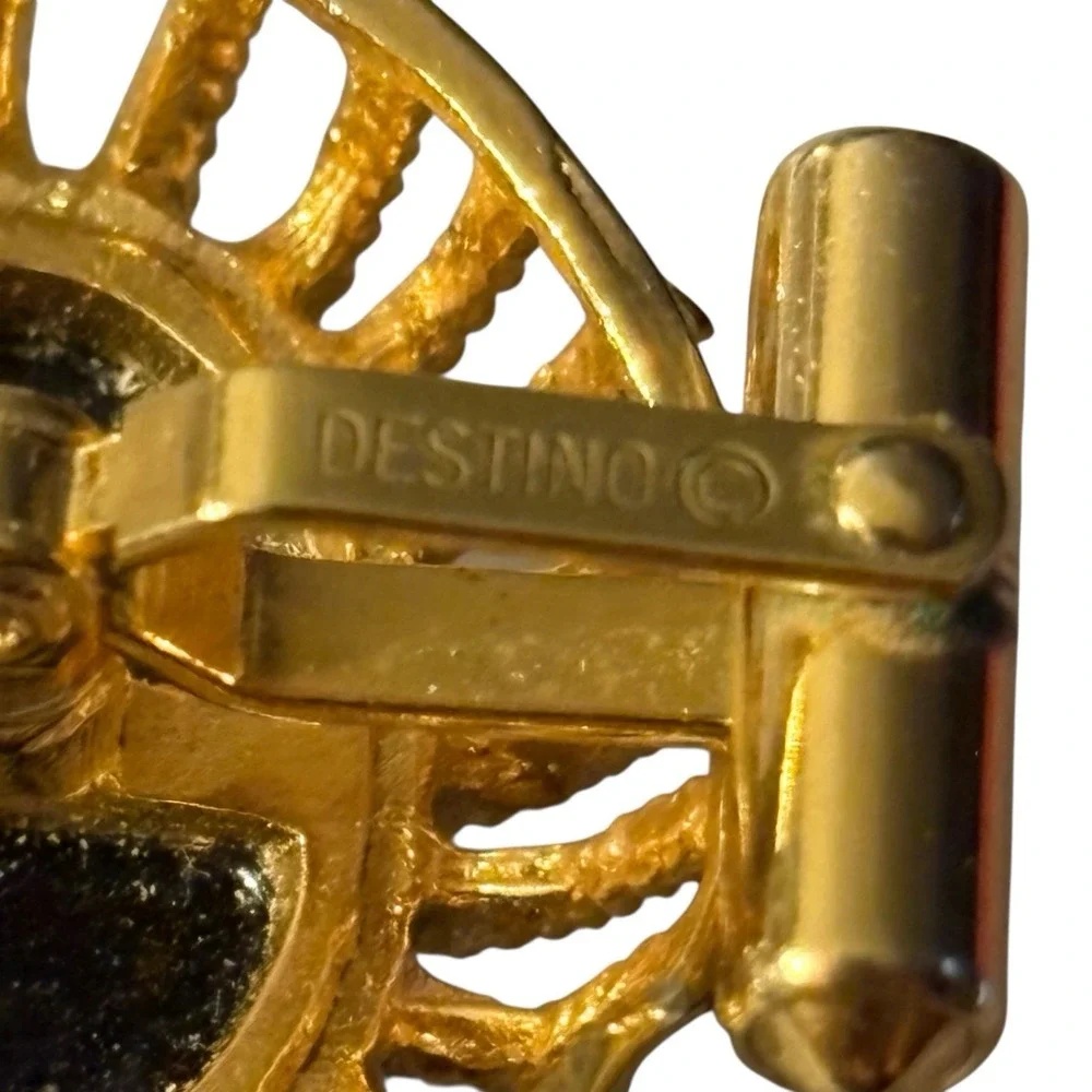 Vintage Destino Cufflinks Black Center Gold Tone Oval Open Work Dome‎ Design MCM